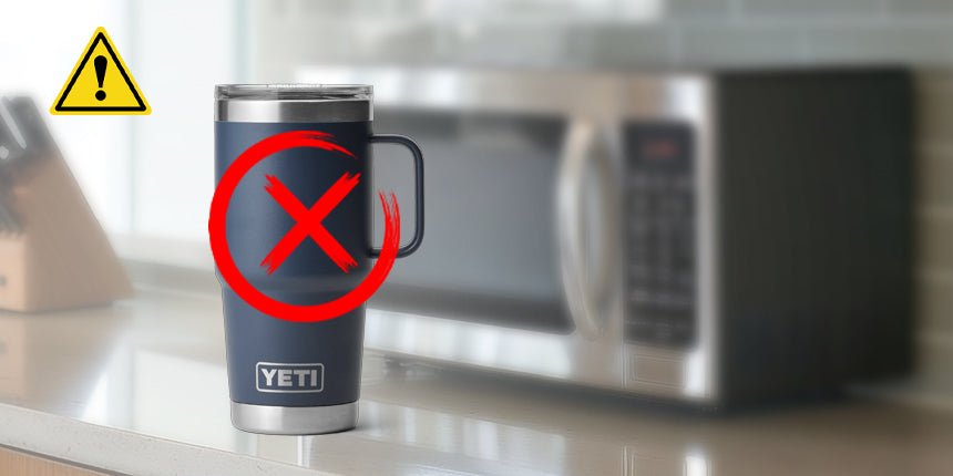 Stainless steel Yeti tumbler sitting inside a modern microwave oven for safety testing.