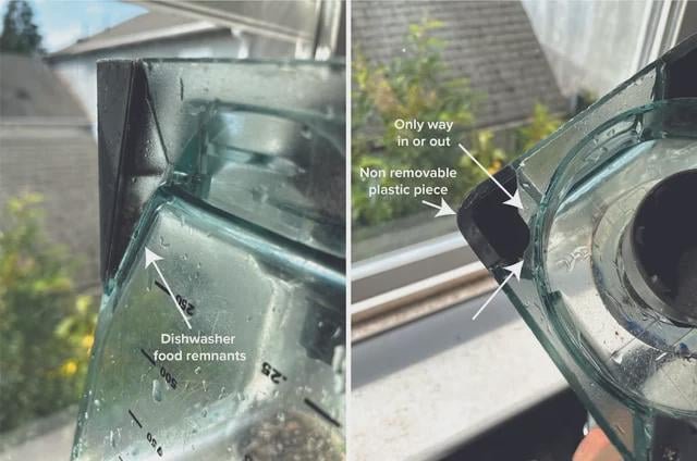 A plastic Ninja blender pitcher sits safely on the top dishwasher rack.