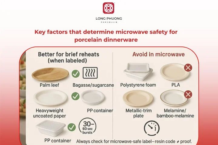 A clean white porcelain plate sits on a wooden table ready for microwave use.