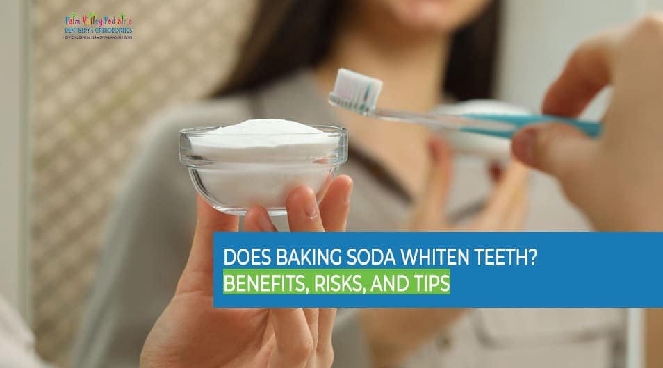 A small bowl of baking soda next to a toothbrush for dental care.