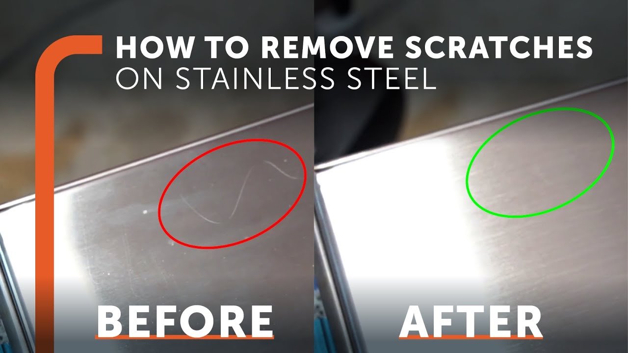 Microfiber cloth and polishing compound sitting on a scratched stainless steel surface.