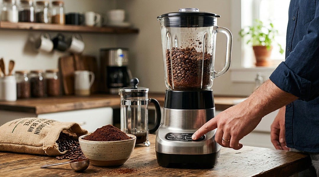 Dark roasted coffee beans being processed inside a clear food processor bowl.