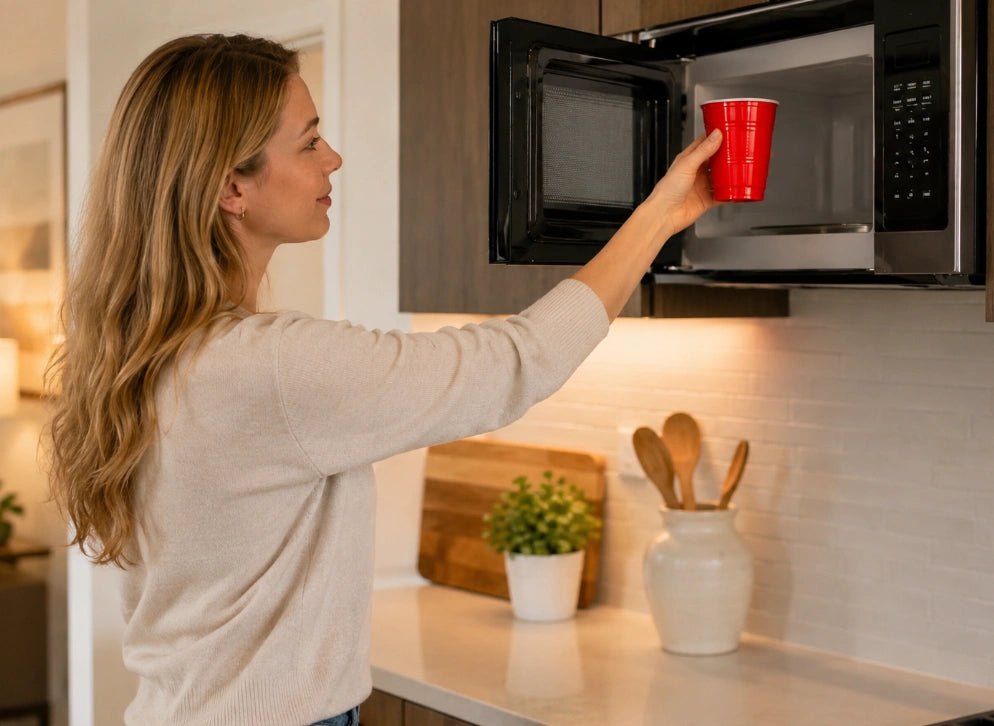 A melted red plastic cup sits on a microwave tray after overheating.