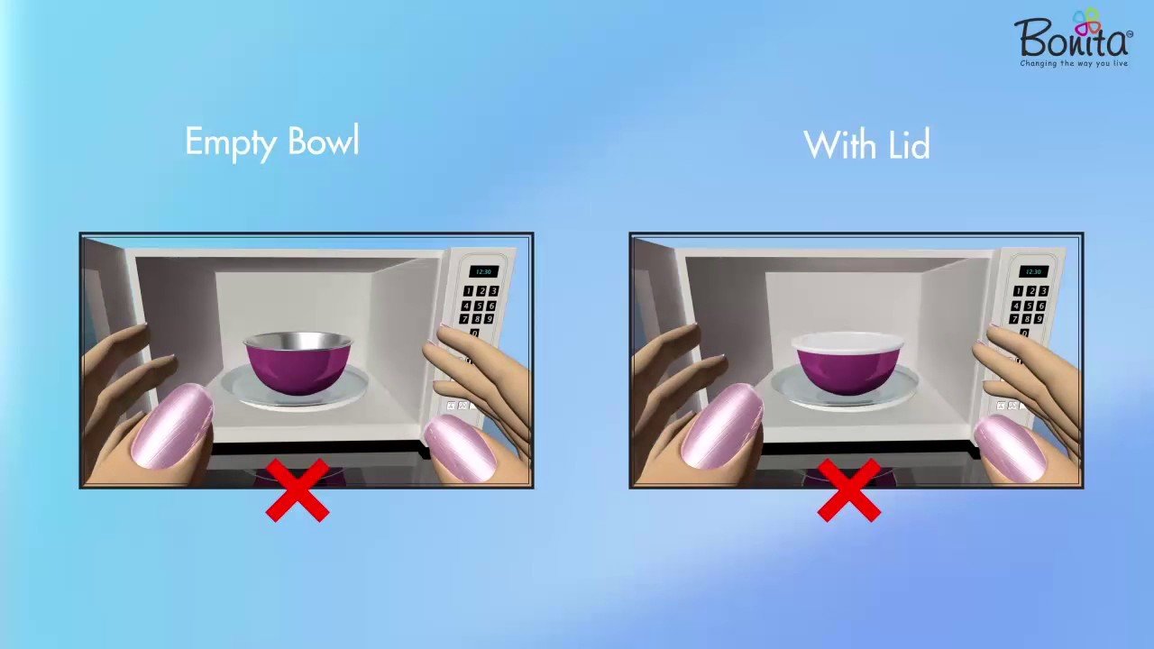 A thick stainless steel bowl designed for safe microwave use on a kitchen counter.