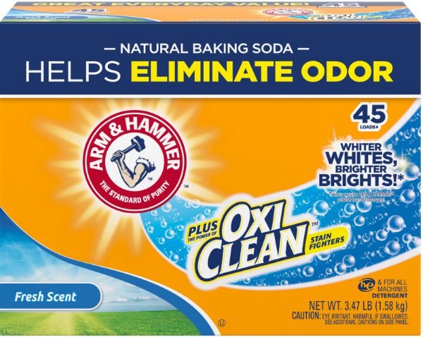 Scoops of Oxiclean and baking soda prepared for washing laundry in a home.