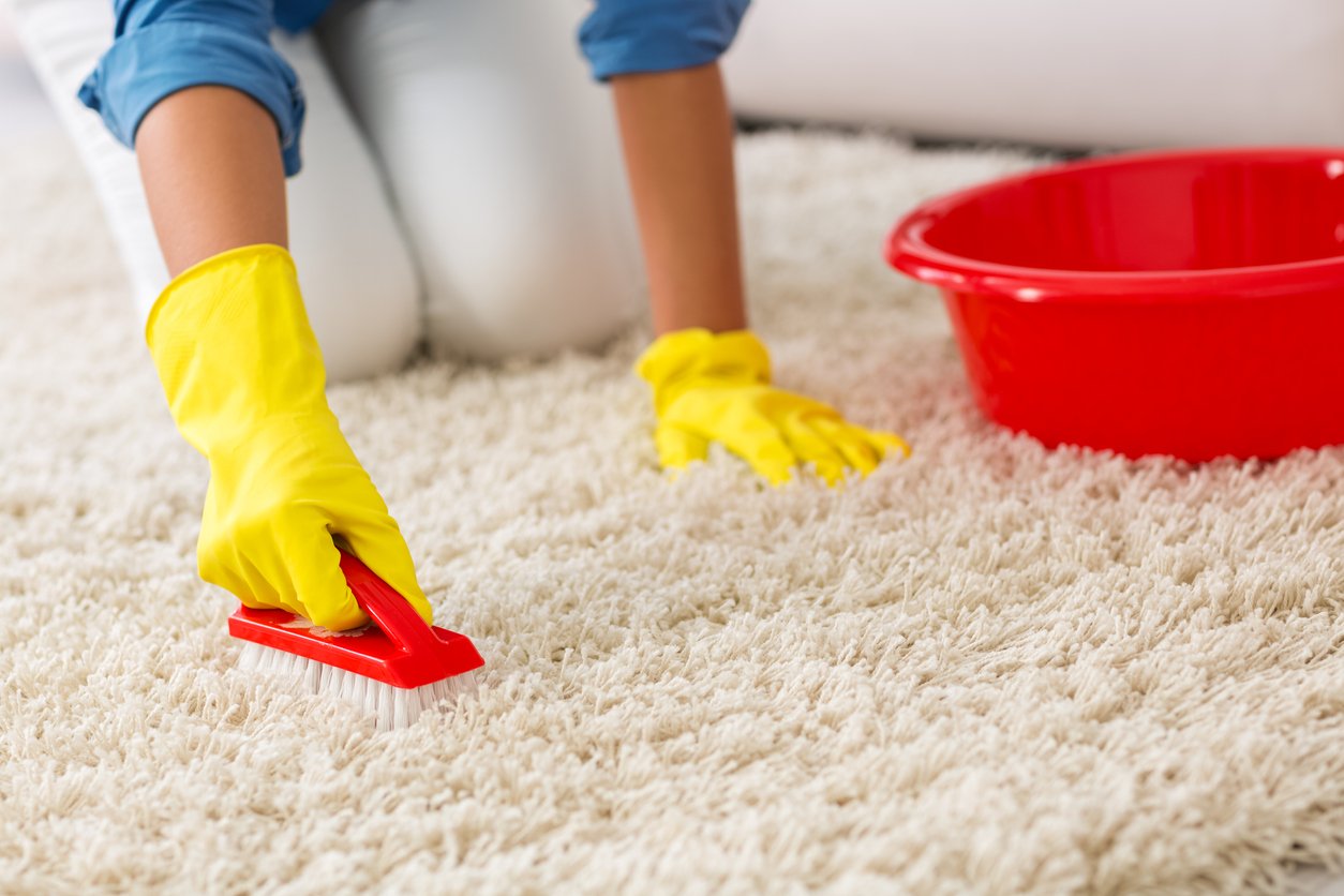 Baking soda powder being sprinkled over synthetic carpet to refresh the fibers.